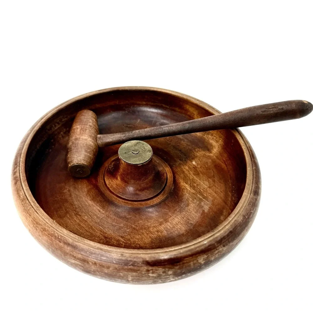 Vintage Mid Century Wood‎ Nut Bowl with Mallet Brass Anvil Center 9 Inch Round